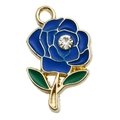 Blue enamel rose flower pendant with gold metal edges and sparkling rhinestone - 1 Piece (11x18mm)