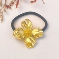 Fashionable black elastic hair tie featuring a polished gold floral metal ornament - Gold 3D Four-Petal Flower