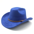 Close-up of royal blue wide brim fedora hat featuring a brown braided leather band - M (56-59cm) / Royal Blue (Suede)