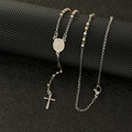 Three-tone stainless steel rosary necklace with Saint Benedict medal and crucifix charm - Two-tone (Gold & Silver)
