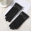 Gants d'hiver noirs tactiles pour femmes avec détail de manchette en cuir et doublure chaude - Taille unique / Daim Synthétique Nœud-Noir