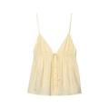 Pale yellow silk-like camisole with V-neck, buttons and ruffled hem on white background - XS / Light Yellow