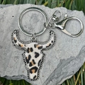 Western leopard bull head keychain with leather texture and silver metal hook for bags - Leopard Print Bull Head