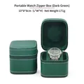 Dark green PU leather portable watch zipper case with white stitching and plush interior - 10*8*8CM / Dark Green