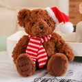 Brown teddy bear plush toy with red Christmas hat and scarf featuring Happy Bear embroidery - Gift Bag Only (No Bear) / Corresponding Version for Red Stripe Scarf Dark Brown Bear