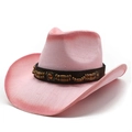 Cappello da cowboy rosa in paglia con fascia decorata e gemma ambra per spiaggia estiva - M (56-58cm) / rosa acceso