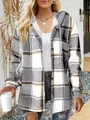 Detail of grey and white plaid hooded shirt jacket with chest pockets for women - S / Tops / Pattern 4 (Gray White Plaid)