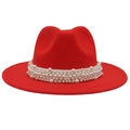 Detailed view of the red wool fedora featuring a wide pearl embellished band and brim - Orange Red (Large Pearl)