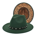 Detail of dark green fedora hat featuring leopard print lining and studded leather band - M (56-58cm) / Dark Green