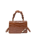 Brown crocodile pattern square handbag with pleated handle and golden metal detail - Brown