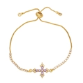 Adjustable gold cross bracelet with purple and clear cubic zirconia on box chain - Purple