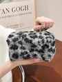 Handheld dark grey leopard print plush cosmetic bag with soft texture and zipper - Curly Grey Leopard