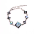 Detailed shot of rectangular colorful abalone shell inserts on a silver geometric bracelet - Geometric Square