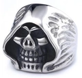 Detailed close-up of a vintage punk gothic skull reaper ring in polished 316L stainless steel - 23404