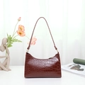 Deep burgundy faux crocodile pattern shoulder bag with glossy finish and gold zipper - Coffee