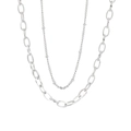 Fashionable silver double-layer stainless steel necklace with oval link chain and beads - Double Layer Oval Style / Steel Color (KN235922-Z)