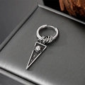 Macro view of vintage silver steel hoop earring with geometric triangular dagger pendant - Triangle Cone