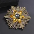 Vintage gold sunburst brooch with yellow pear-cut crystals and purple accents - Grey Diamond with Coffee & Light Purple & Grey Satellite Style