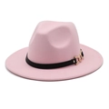 Detail of pink wool fedora with black leather band and gold metal chain buckle - Pink
