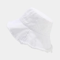Detail of frayed edge on a white washed cotton bucket hat showing casual street style - One Size / White