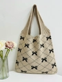 Beige knitted tote bag with black bow patterns and diamond lattice texture for women - Khaki and Black