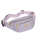 Purple nylon waist bag for women with gold zippers and adjustable strap on white background - Purple