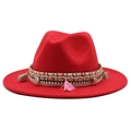 Red wool fedora hat with bohemian ethnic band, colorful tassels and shell charms - M (55-58cm) / Red