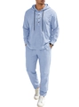 Men's light blue linen long-sleeved hooded set featuring drawstring pants and buttons - Light Blue