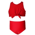 Two-piece red girls' bikini set featuring a stylish front knot and high-waisted shorts - 104 / Red Two-Piece Set (Triangle Bottom)