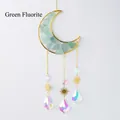 Green Fluorite crystal suncatcher in a golden crescent moon frame for garden hanging decor - Green Fluorite Moon Chime Pendant