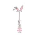 Silver rabbit ears cartilage stud with pink accents and unique fishbone dangle - Rabbit Ear Fish Bone Style (A482-1#)