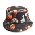 Close-up of Halloween bucket hat featuring pumpkin, skull, and RIP gravestone prints - M (56-58cm) / Black Skeleton Tombstone Style (A款)
