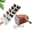 Brown leather 5-slot folding sunglasses case with grey flocking lining and handle - Brown (5 Slots - Strap Version)