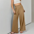 Women's high waist wide leg cotton linen trousers in khaki with elastic waist and pockets - S / Brown