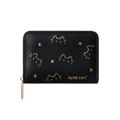 Black PU leather cat themed short wallet with gold embossed outline and zipper closure - Black