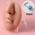 20G stainless steel S-shape nose stud with sparkling aqua crystal ball detail - 0.8x7x3mm / L-Shape Aqua Blue