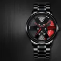 Men's black metal watch with automotive wheel rim dial and red brake caliper details - T37 Black Steel Strap Hub Red