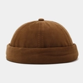 Close-up of brown cotton canvas miki hat with retro six-panel design and rolled edge - Adjustable / Caramel color
