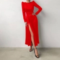 Abito lungo in raso rosso brillante con maniche a sbuffo e spacco laterale profondo - US size 2 (S) / Rosso