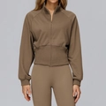 Dames sportset donker kaki met korte hoodie en yoga broek met hoge taille - XL / Koffiebruin