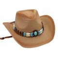 Detail van geweven stro cowboyhoed met turquoise kralen en bohemien etnische bandversiering - Camel & Roodbruin (Beige Strip Blauwe Kraal)