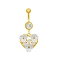 Piercing per ombelico a cuore dorato con petali di fiori bianchi e pietre di zircone - Fiore del Cuore