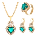 Golden bridal jewelry set with emerald green heart crystals and clear rhinestones - Heart Shape KC Gold Green Style (4116)
