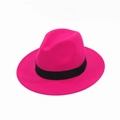 Classic fuchsia wool fedora hat with a wide brim and contrasting black grosgrain ribbon - Rose Red