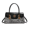 Women's large handbag in black faux crocodile skin and leopard print with gold hardware - Leopard White