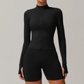 Women's black seamless zipper fitness top with thumb holes and matching high elastic shorts - S / Tops / Premium Black