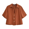 Zweiteiliges Damen-Sommerset mit kurzärmeligem Revershemd und weiter Hose in Karamelbraun - XS / Rostfarbenes Hemd