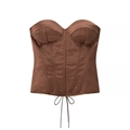 Detail of brown satin corset top featuring vertical boning and bottom drawstring ties - S / Coffee