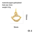 Detailed view of micro-pave gold plated copper lip pendant with dimensions and weight - Gold Lips (O-1)