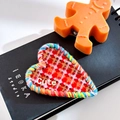 Cute heart-shaped red checkered hair clip with rainbow woven trim and gold lettering - Heart-Plaid Red